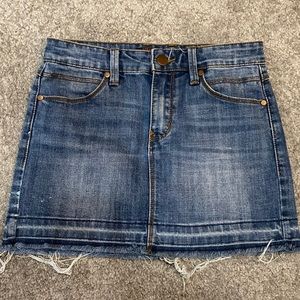 denim distressed trim mini skirt